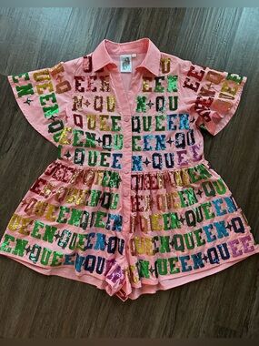 Queen of Sparkles Pink Rainbow Queen Romper. Size XS.